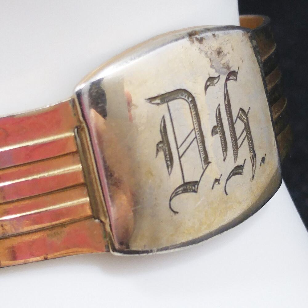 1930s Hinged Brass Bracelet Engraved Monogram Patent Design Vintage Jewelry - Picture 2 of 10